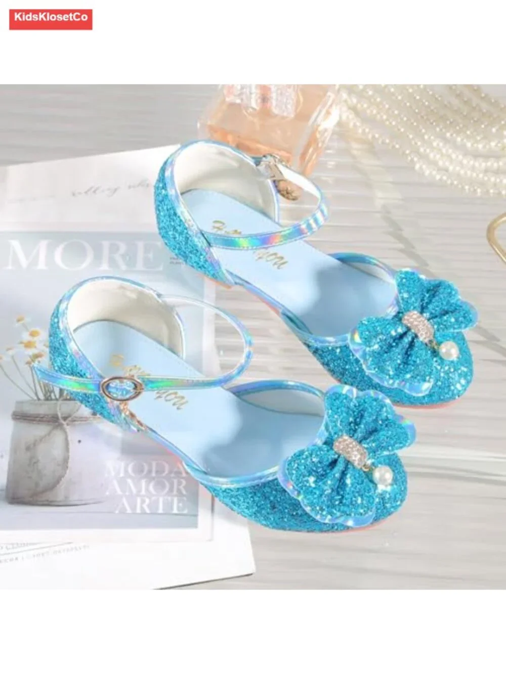 Girls Sparkle Sequined Mary Jane Flats with Bow Adjustable Ankle Strap Party